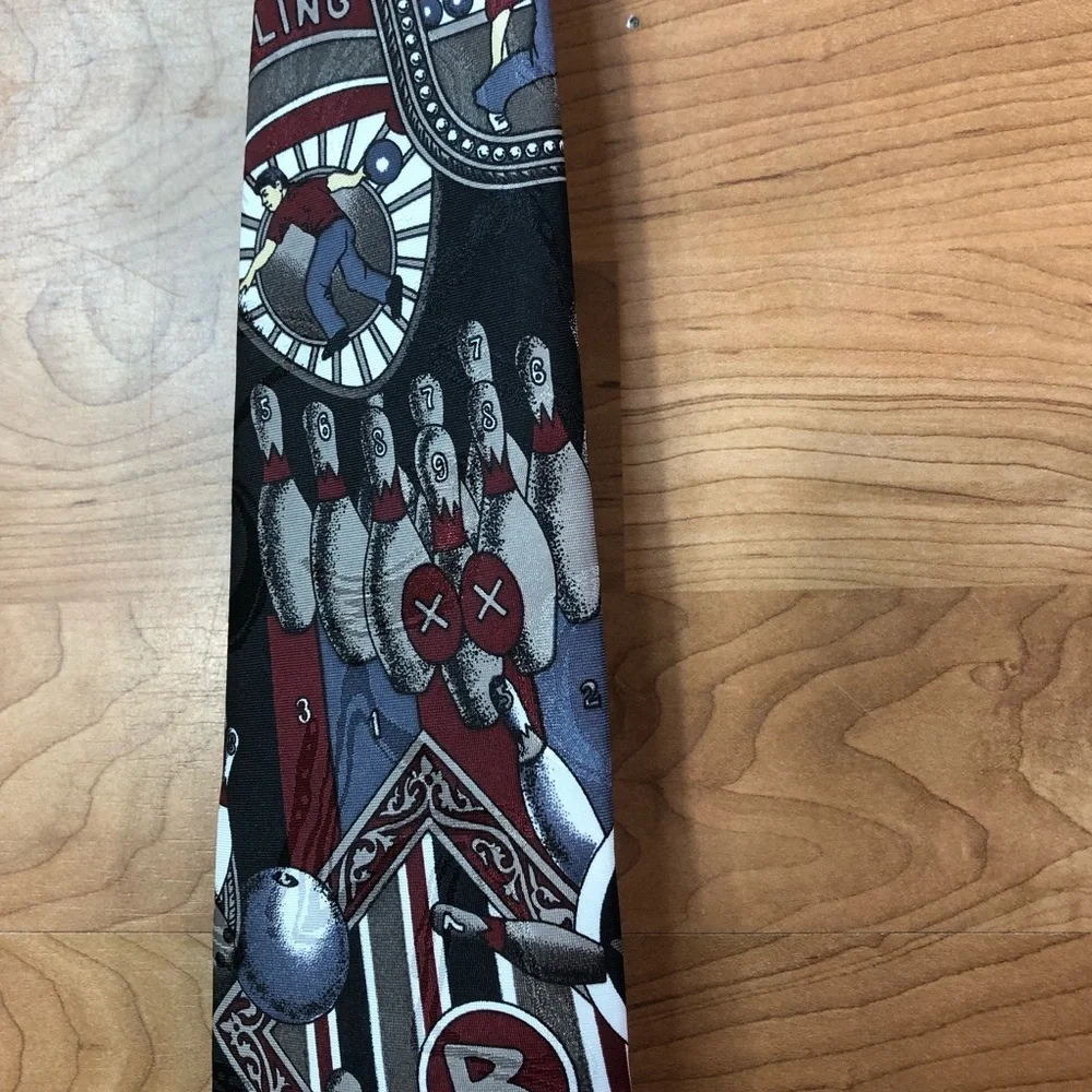 Vintage Corner Stone Bowling Tie with 9 Bowling Pins with Deep Dark Red